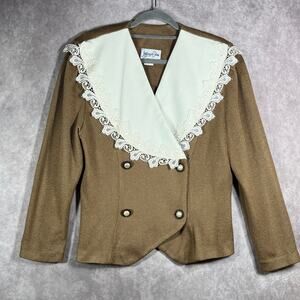 Vintage Jeffrey & Dara Blazer Jacket Women 11/12 Brown Lace Trim Double Breasted